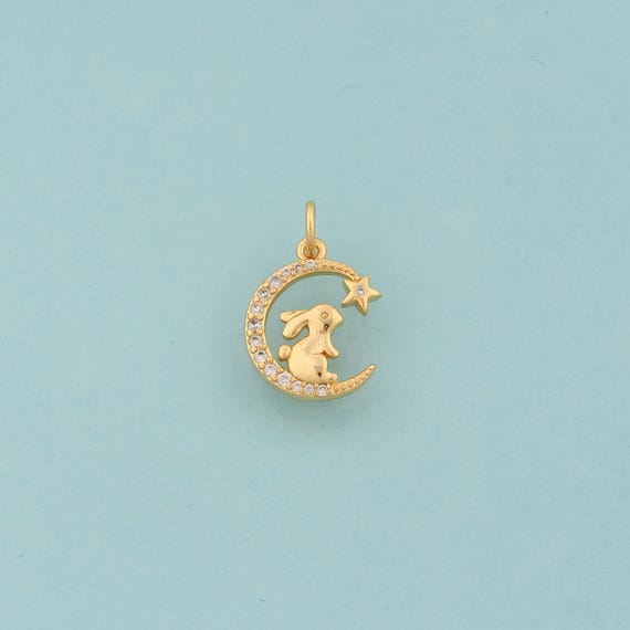 Gold CZ Crescent Moon Charms,Celestial Jewelry,Rabbit Pendant for DIY Jewelry Making,18K Gold