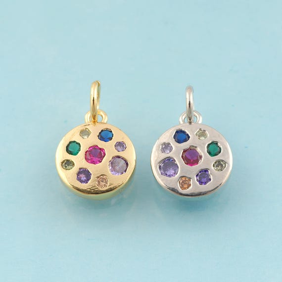 Gold CZ Round Charms,Minimalist Jewelry,Round Pendant for DIY Jewelry Making,18K Gold & Rhodium
