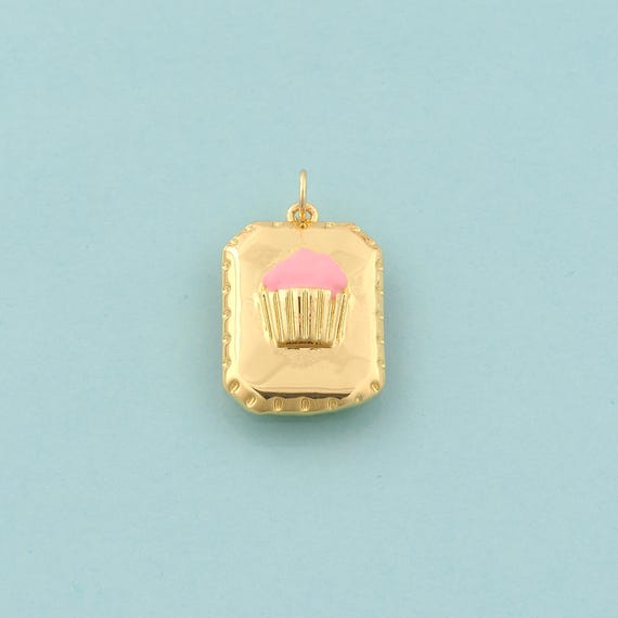 Gold Cake Charms,Dessert Jewelry,Enamel Square Pendant for DIY Jewelry Making,18K Gold