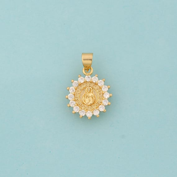 Gold CZ CORAZQNDEJESUSSAGRADO Charms,Christian Jewelry,Round Pendant for DIY Jewelry Making,18K Gold