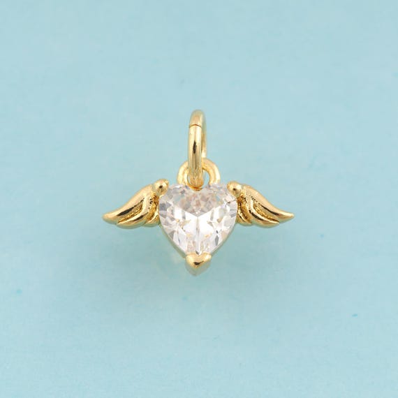 Gold CZ Heart Charms,Wing Jewelry,Heart Pendant for DIY Jewelry Making,18K Gold