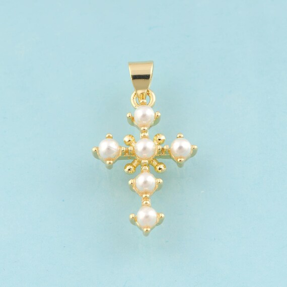 Gold Pearl Cross Charms,Religious Jewelry,Christian Pendant for DIY Jewelry Making,18K Gold