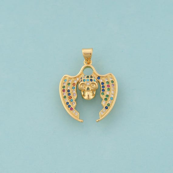 Gold CZ Skull Charms,Angel Wings Jewelry,Skull Pendant for DIY Jewelry Making,18K Gold