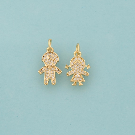 Gold CZ Character Charms,Boy Jewelry,Girl Pendant for DIY Jewelry Making,18K Gold