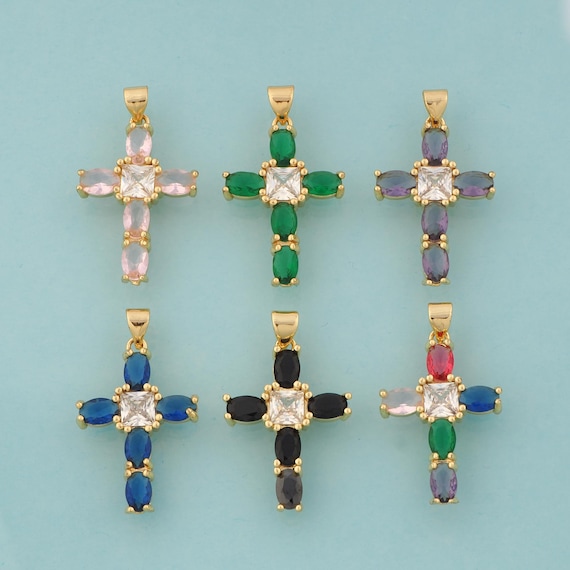 Gold CZ Cross Charms,Religious Jewelry,Christian Pendant for DIY Jewelry Making,18K Gold