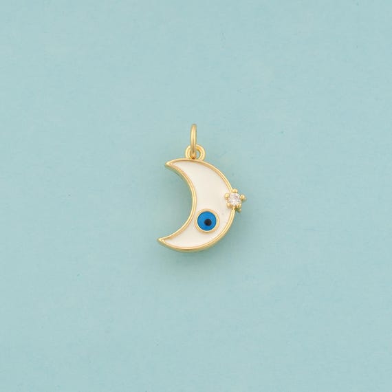 Gold CZ Crescent Moon Charms,Evil Eye Jewelry,Enamel Devil Eye Pendant for DIY Jewelry Making,18K Gold