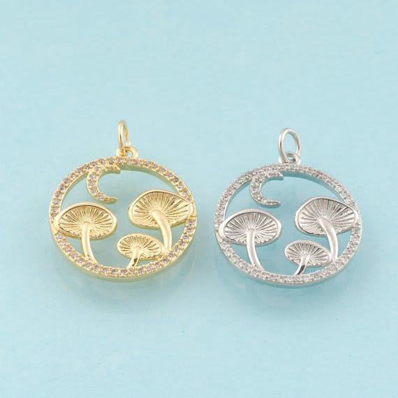 Gold CZ Mushroom Charms,Plant Jewelry,Moon Pendant for DIY Jewelry Making,18K Gold & Rhodium