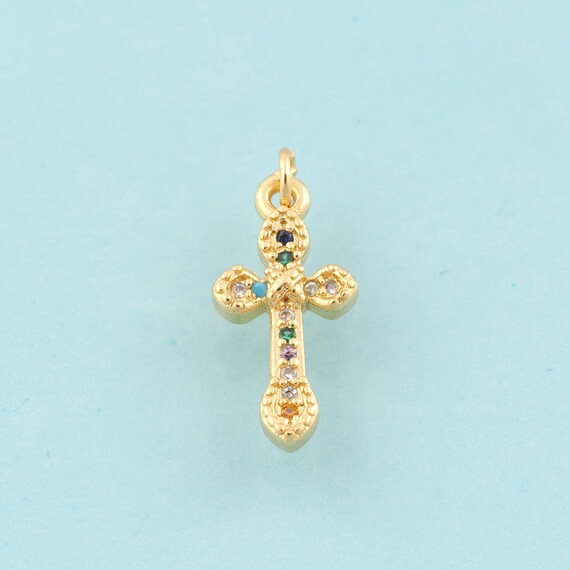 Gold CZ Cross Charms,Religious Jewelry,Christian Pendant for DIY Jewelry Making,18K Gold