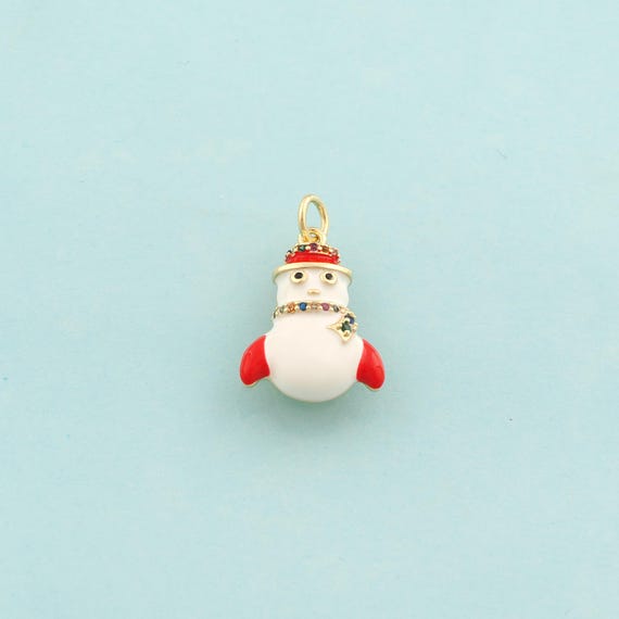 Gold CZ Christmas Hat Charms,Christmas Jewelry,Enamel Snowman Pendant for DIY Jewelry Making,18K Gold