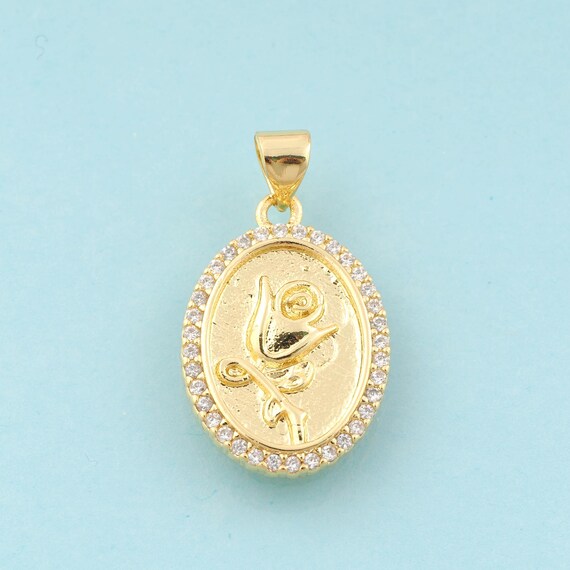 Gold CZ Flower Charms,Oval Jewelry,Flower Pendant for DIY Jewelry Making,18K Gold
