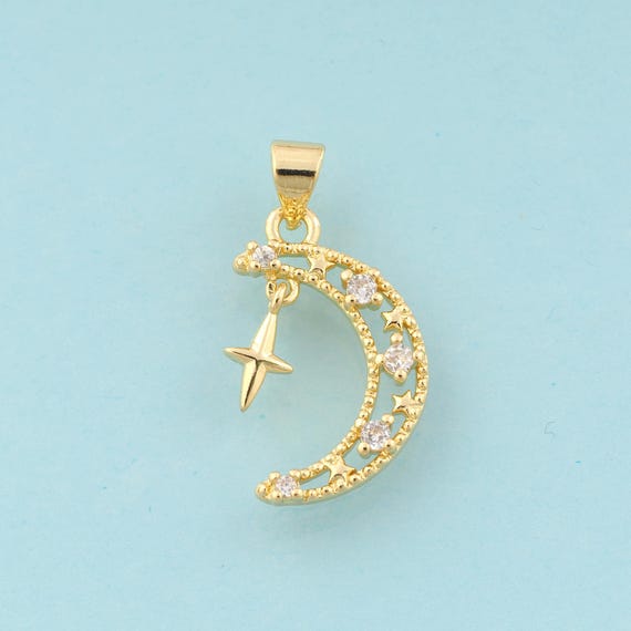 Gold CZ Crescent Moon Charms,Star Jewelry,Moon Pendant for DIY Jewelry Making,18K Gold