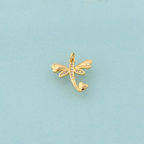 Gold CZ Dragonfly Charms,Insect Jewelry,Heart Pendant for DIY Jewelry Making,18K Gold