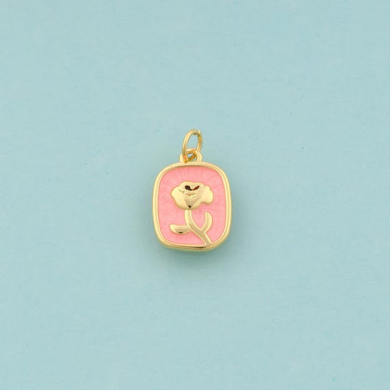 Gold Flower Charms,Square Jewelry,Enamel Flower Pendant for DIY Jewelry Making,18K Gold