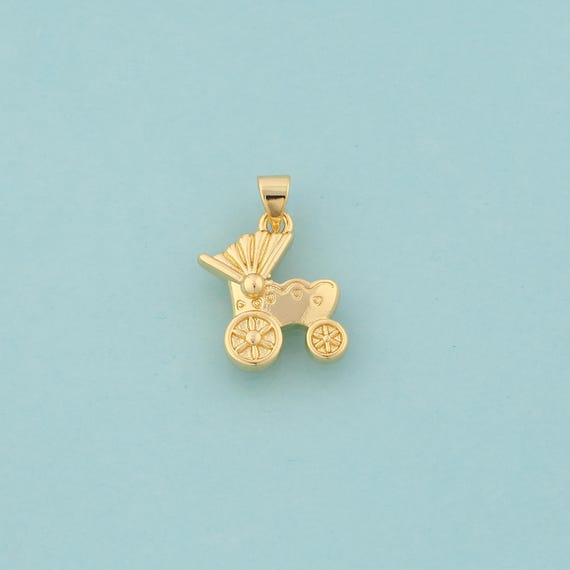 Gold Baby Stroller Charms,Baby Stroller Jewelry,Baby Stroller Pendant for DIY Jewelry Making,18K Gold