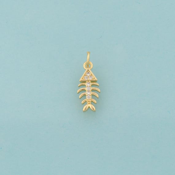 Gold CZ Fishbone Charms,Fishbone Jewelry,Fishbone Pendant for DIY Jewelry Making,18K Gold