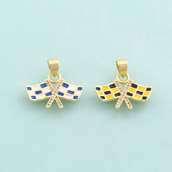 Gold CZ Racing Flag Charms,F1 Flag Jewelry,Enamel Racing Flag Pendant for DIY Jewelry Making,18K Gold