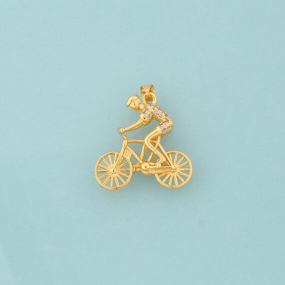 Gold Athlete Charms,Bicycle Jewelry,CZ Sports Pendant for DIY Jewelry Making,18K Gold