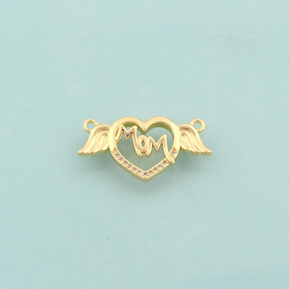 Gold CZ MOM Connector,Heart Letter Jewelry Connector,Angel Wings Connector for DIY Jewelry Making,18K Gold