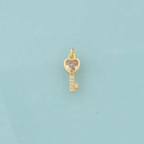 Gold CZ Key Charms,Heart Jewelry,Key Pendant for DIY Jewelry Making,18K Gold