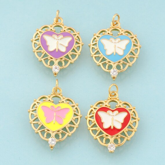 Gold CZ Heart Charms,Butterfly Jewelry,Enamel Insect Pendant for DIY Jewelry Making,18K Gold