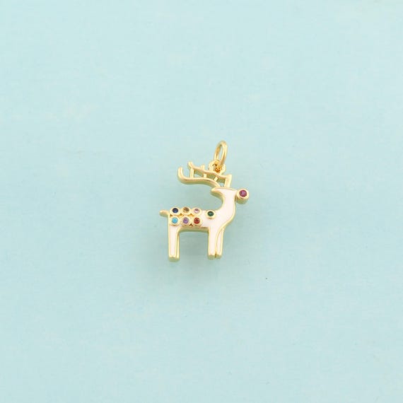 Gold CZ Deer Charms,Christmas Jewelry,Enamel Animal Pendant for DIY Jewelry Making,18K Gold