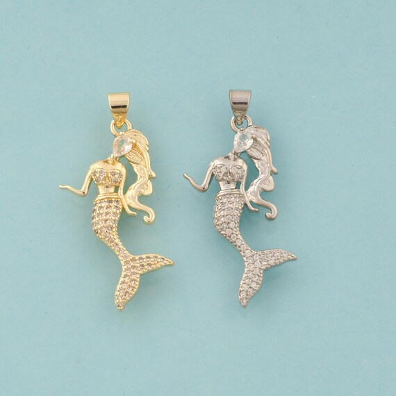 Gold CZ Mermaid Charms,Fantasy Creature Jewelry,Mermaid Pendant for DIY Jewelry Making,18K Gold