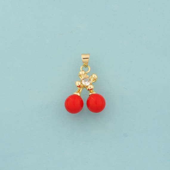 Gold Enamel Cherry Charms,Fruit Jewelry,CZ Cherry Pendant for DIY Jewelry Making,18K Gold