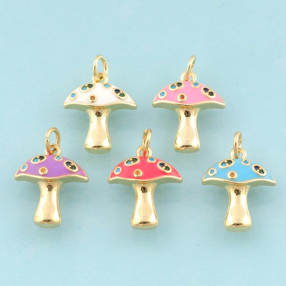 Gold CZ Mushroom Charms,Mushroom Jewelry,Enamel Mushroom Pendant for DIY Jewelry Making,18K Gold
