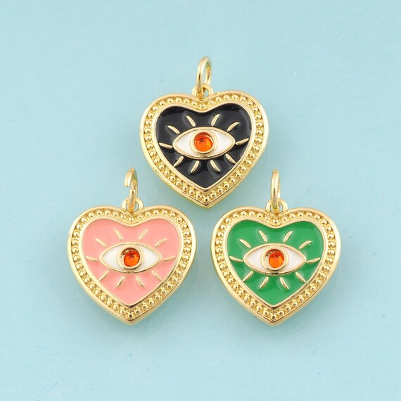 Gold CZ Heart Charms,Evil Eye Jewelry,Enamel Devil Eye Pendant for DIY Jewelry Making,18K Gold