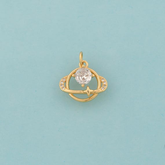 Gold CZ Saturn Charms,Celestial Jewelry,Star Pendant for DIY Jewelry Making,18K Gold
