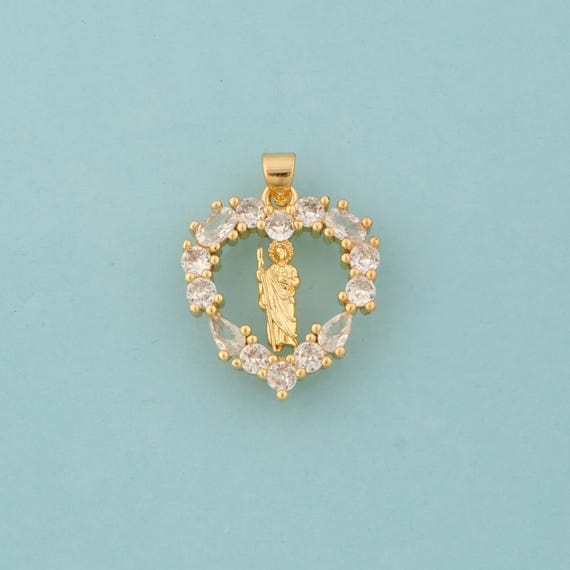 Gold CZ St.Juda Charms,Heart Jewelry,Saint Jude Pendant for DIY Jewelry Making,18K Gold