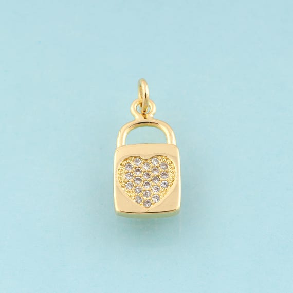 Gold CZ Heart Charms,Lock Jewelry,Lock Pendant for DIY Jewelry Making,18K Gold