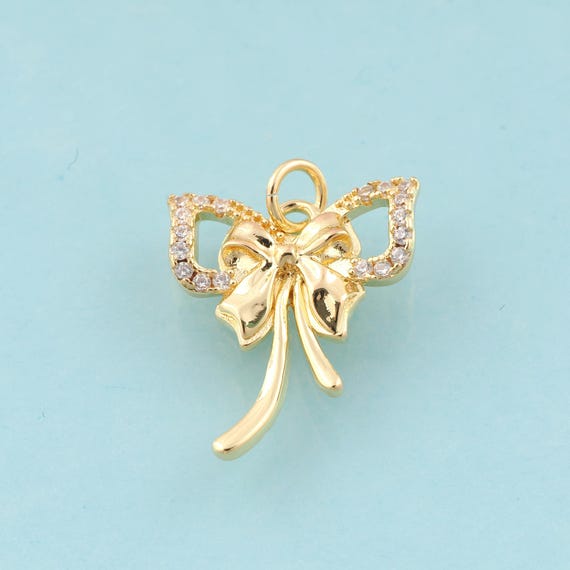 Gold CZ Bow Charms,Minimalist Jewelry,Bow Pendant for DIY Jewelry Making,18K Gold
