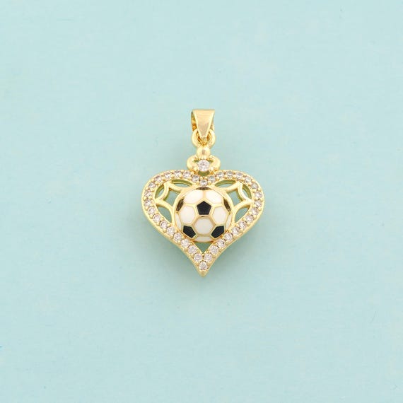 Gold Enamel Heart Charms,Football Jewelry,CZ Sports Pendant for DIY Jewelry Making,18K Gold
