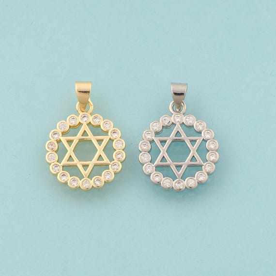 Gold CZ David Star Charms,Jewish Star Jewelry,Round Pendant for DIY Jewelry Making,18K Gold