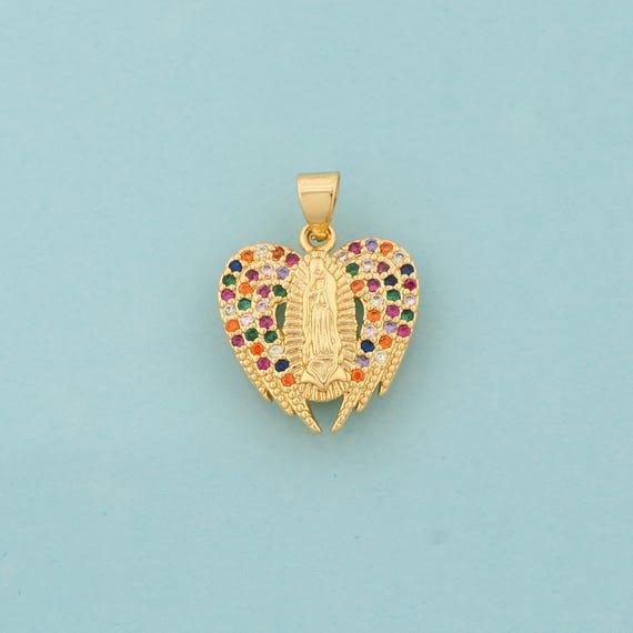 Gold CZ Virgin Mary Charms,Angel Wings Jewelry,Catholic Pendant for DIY Jewelry Making,18K Gold