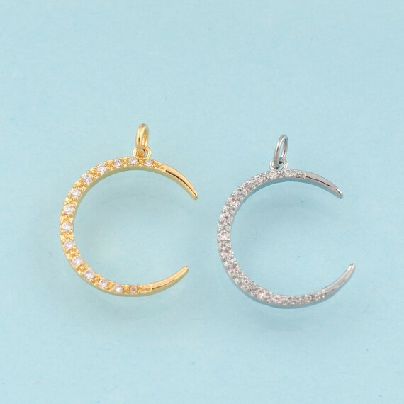 Gold CZ Crescent Moon Charms,Moon Jewelry,Celestial Pendant for DIY Jewelry Making,18K Gold & Rhodium