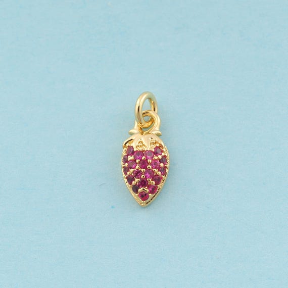 Gold CZ Strawberry Charms,Fruit Jewelry,Strawberry Pendant for DIY Jewelry Making,18K Gold