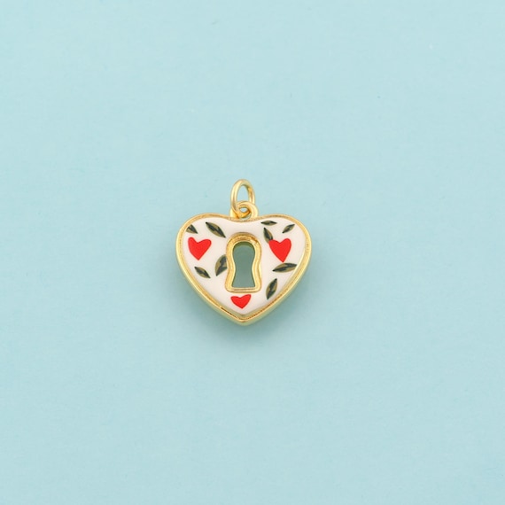 Gold Heart Charms,Lock Jewelry,Enamel Love Pendant for DIY Jewelry Making,18K Gold