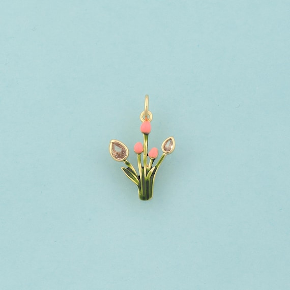 Gold CZ Flower Charms,Flower Jewelry,Enamel Flower Pendant for DIY Jewelry Making,18K Gold