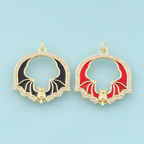 Gold CZ Bat Charms,Animal Jewelry,Enamel Bat Pendant for DIY Jewelry Making,18K Gold