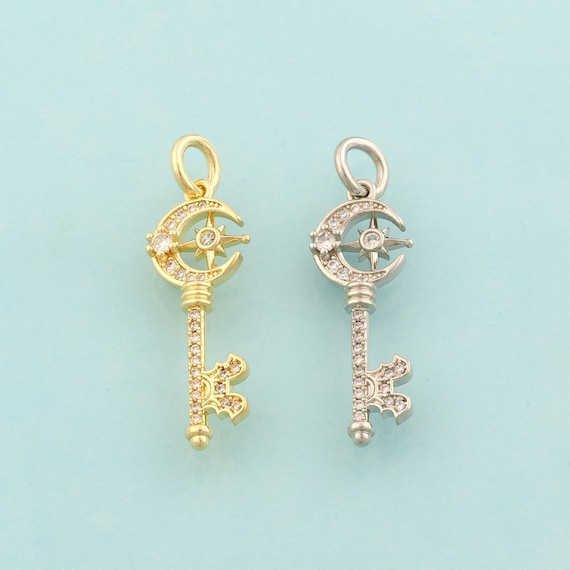 Gold CZ Moon Star Charms,Key Jewelry,Moon Star Key Pendant for DIY Jewelry Making,18K Gold