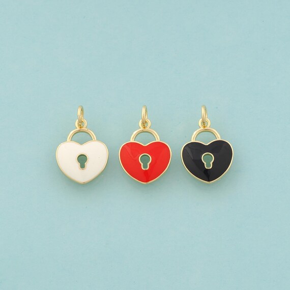 Gold Heart Charms,Love Jewelry,Enamel Lock Pendant for DIY Jewelry Making,18K Gold