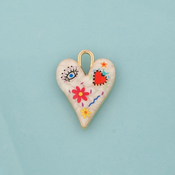 Gold Enamel Heart Charms,Evil Eye Jewelry,Flower Pendant for DIY Jewelry Making,18K Gold