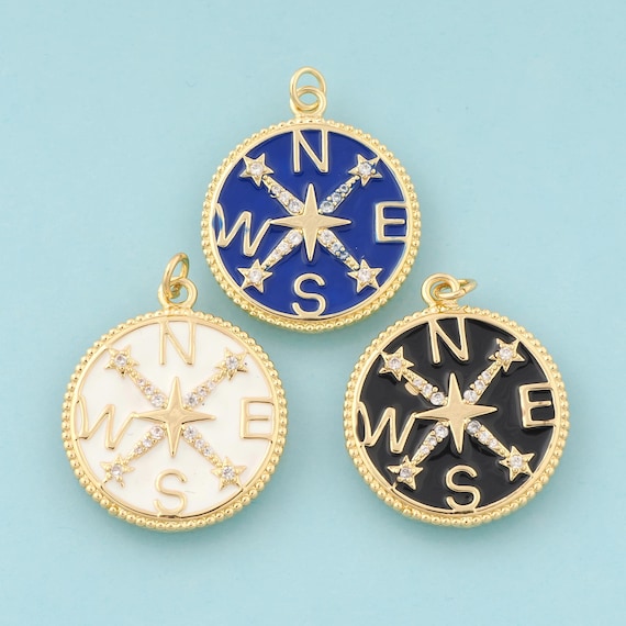 Gold CZ Compass Charms,Round Jewelry,Enamel Compass Pendant for DIY Jewelry Making,18K Gold