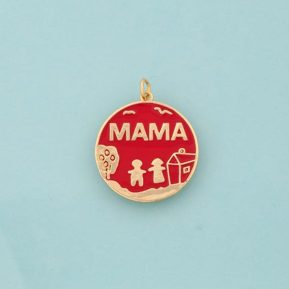 Gold Enamel Family Charms,MAMA Jewelry,Round Pendant for DIY Jewelry Making,18K Gold