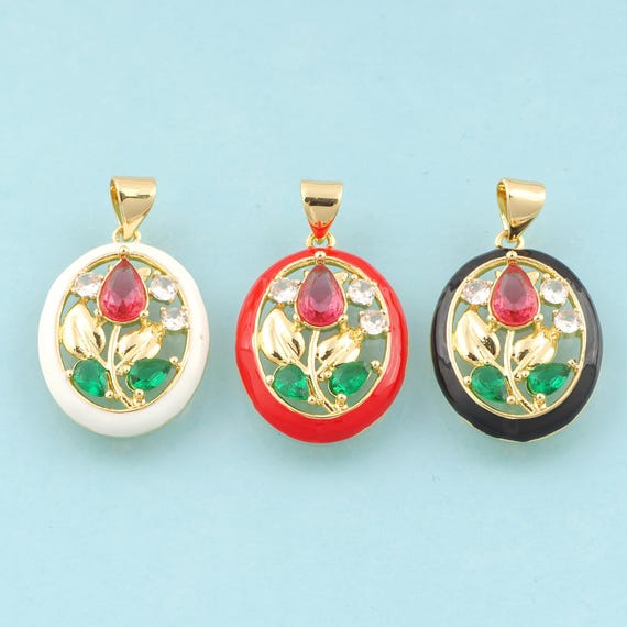 Gold CZ Flower Charms,Oval Jewelry,Enamel Flower Pendant for DIY Jewelry Making,18K Gold