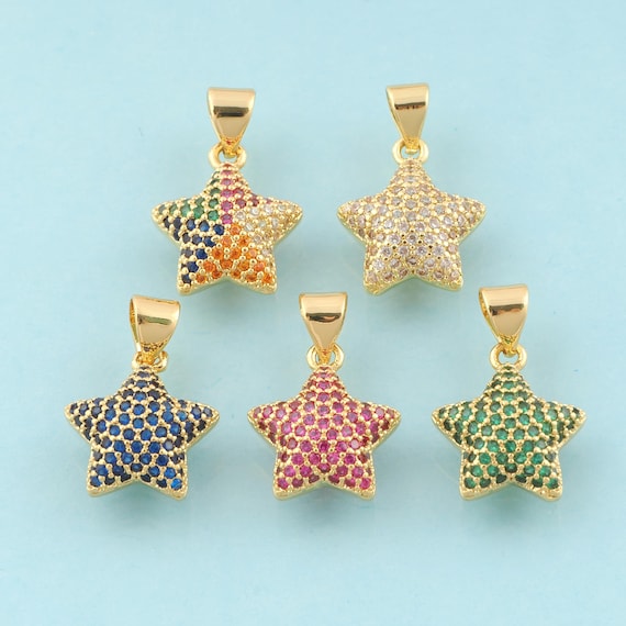 Gold CZ Star Charms,Puffed Star Jewelry,Celestial Pendant for DIY Jewelry Making,18K Gold