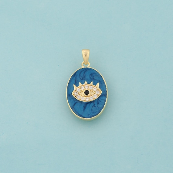 Gold CZ Evil Eye Charms,Devil Eye Jewelry,Enamel Oval Pendant for DIY Jewelry Making,18K Gold