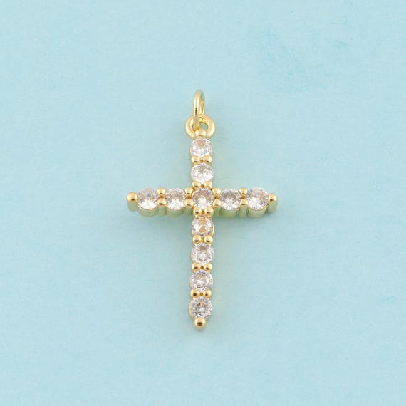 Gold CZ Cross Charms,Religion Jewelry,Christian Pendant for DIY Jewelry Making,18K Gold